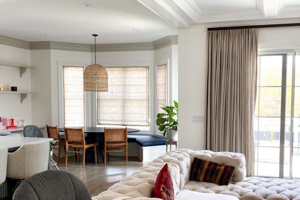 Linen Roman Shades And Drapes in Living Room