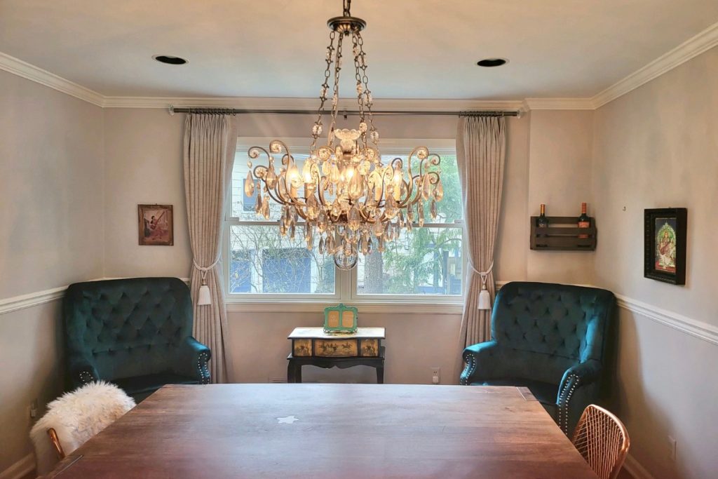 Custom drapes with tie-backs in dining room in Short Hills, NJ