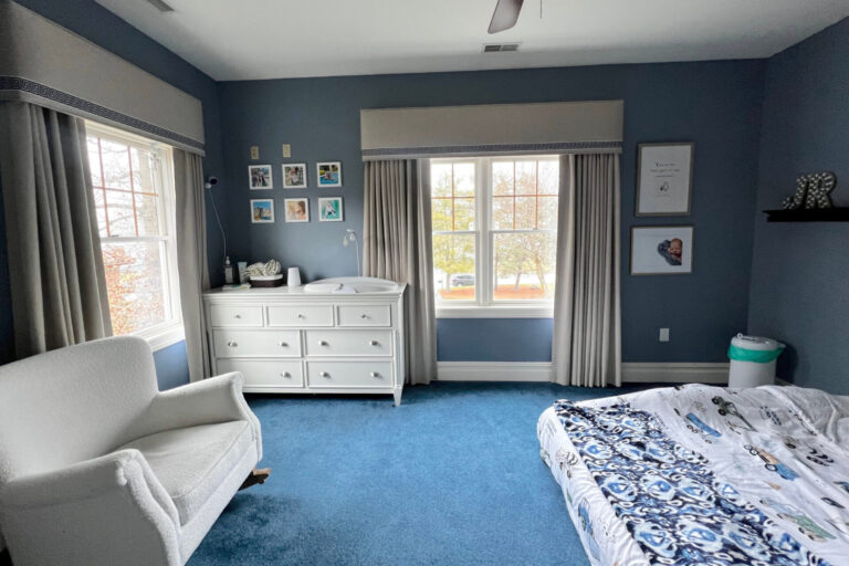 Custom drapes and cornice in bedroom in Cedar Grove, NJ