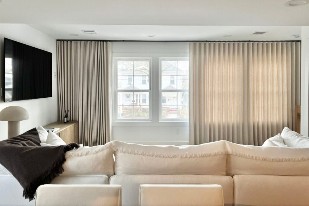 Custom drapes in a sustainable cotton fabric in a living room in Chatham, NJ