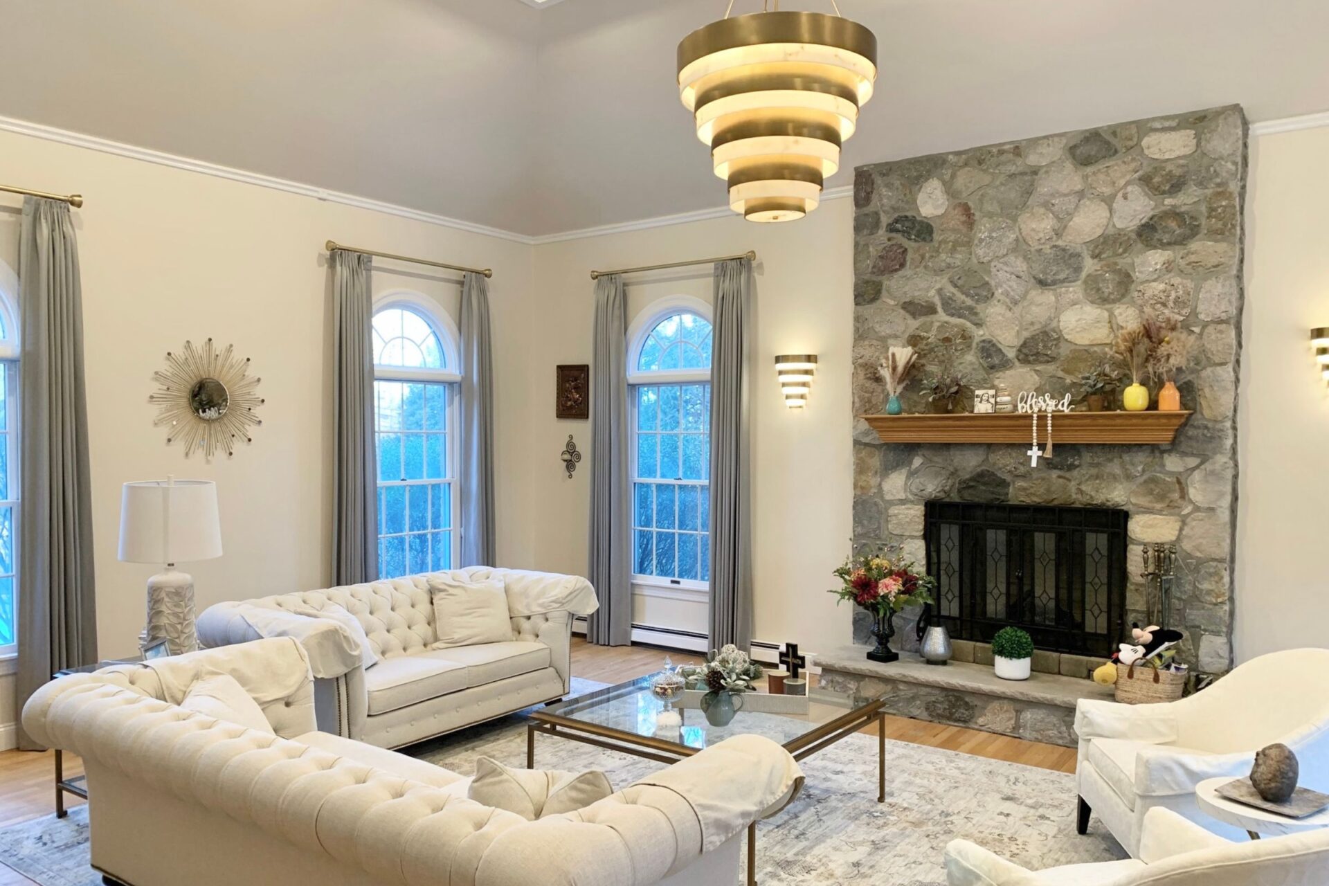 Custom Drapes installed in a living room on drapery hardware rod with ring Woodcliff Lake, NJ