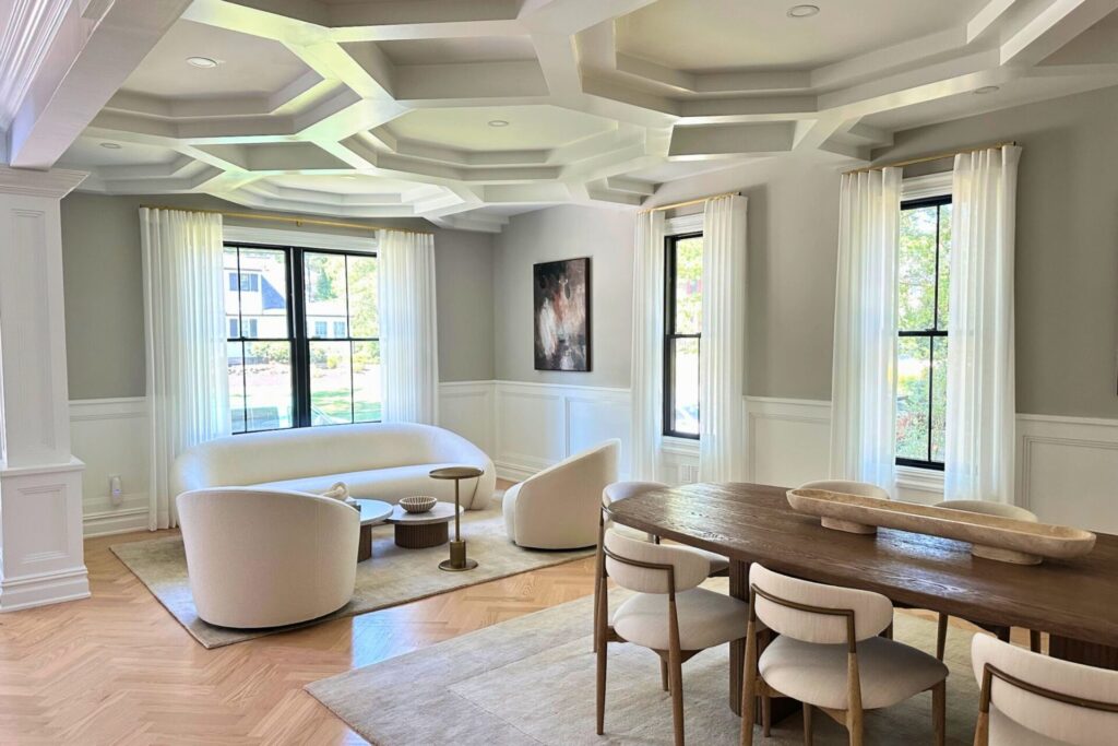 Living room sheer drapes with a ripplefold wave pleat