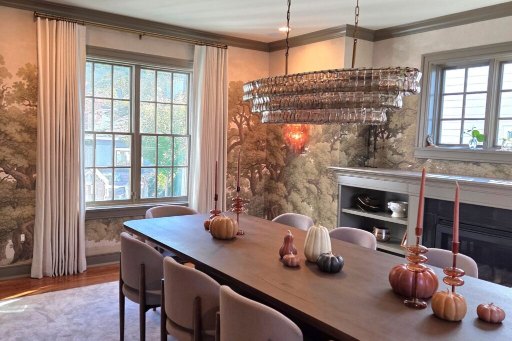 Dining room custom drapes roman shades on a designer rod with rings in Montclair NJ