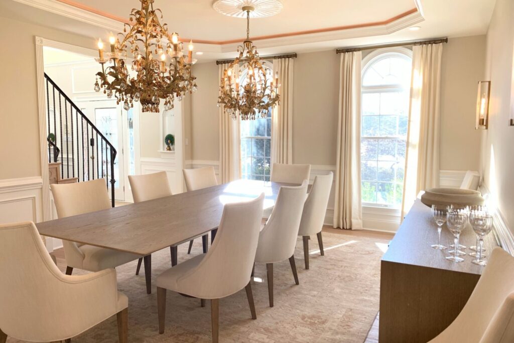 Heavyweight white linen drapes dining room Chester NJ, with hardware with rings