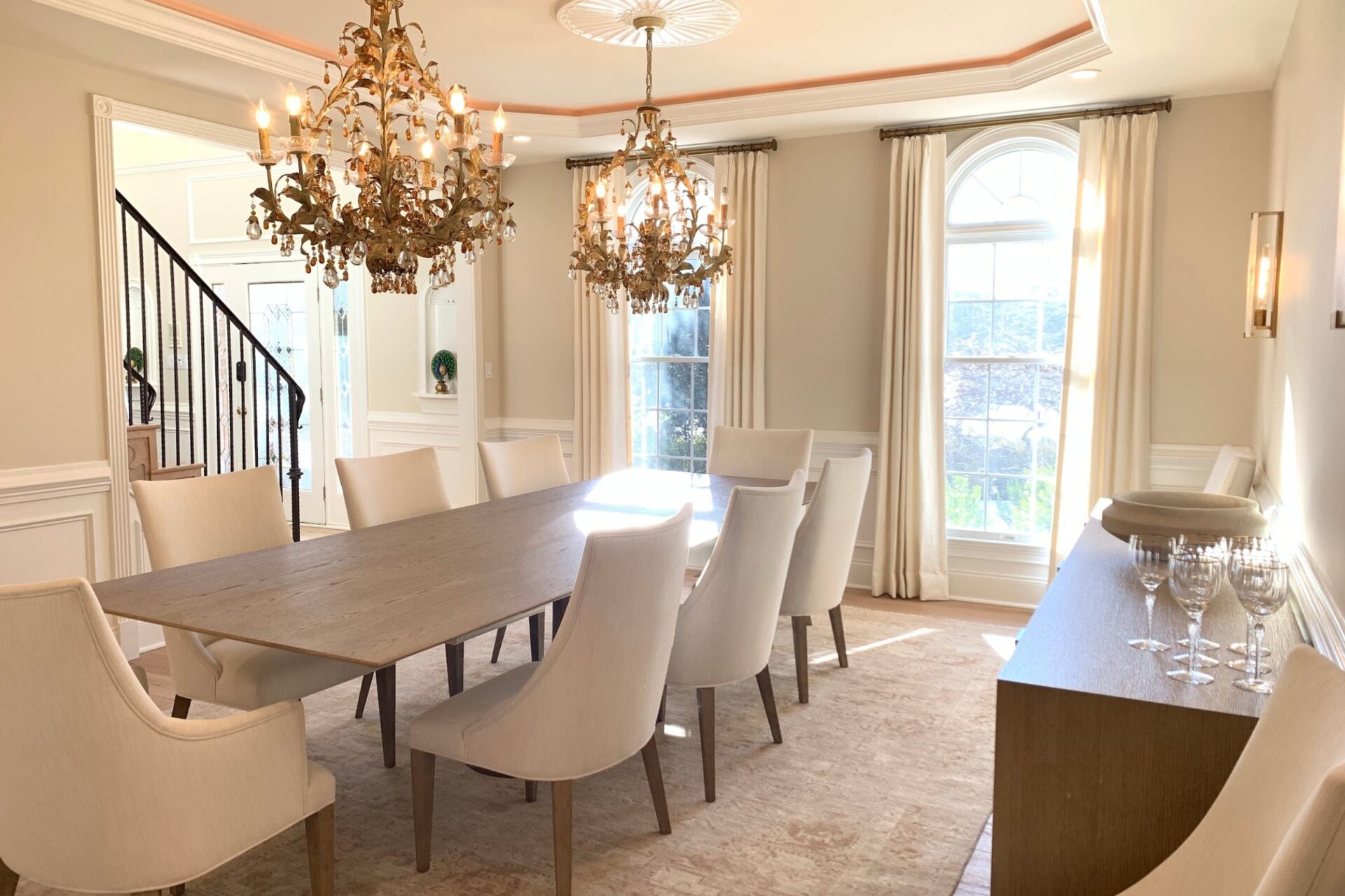 Heavyweight white linen drapes dining room Chester NJ, with hardware with rings