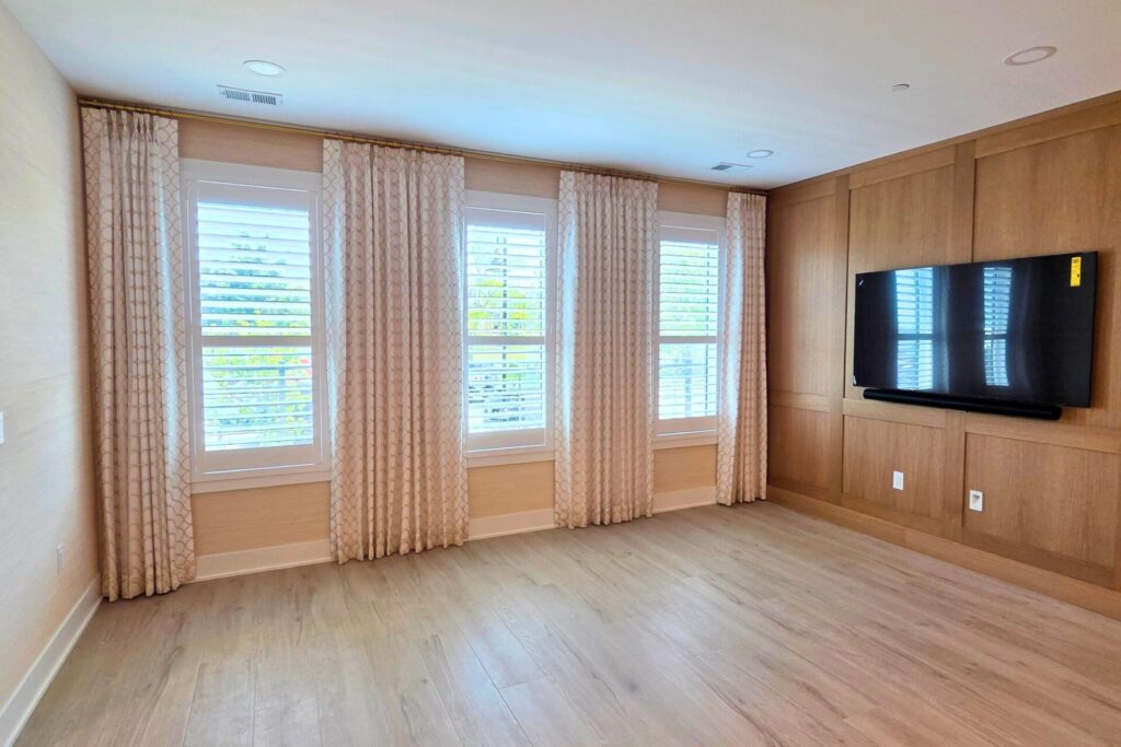 Asbury Park Custom Drapes Living Room, sand color of the custom curtains.