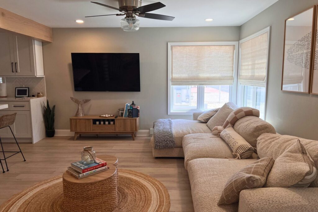 Custom roman shades in a linen and cotton eco-friendly light beige fabric pinch pleat Lavallette NJ Shore