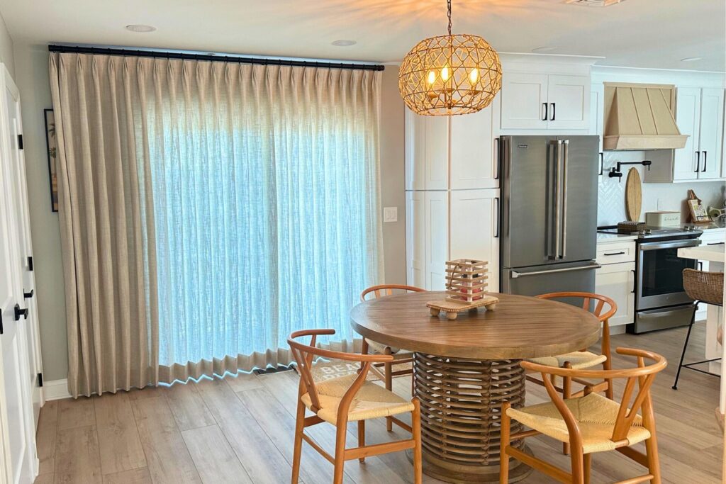 Custom Drapes in a linen and cotton eco-friendly light beige fabric pinch pleat Lavallette NJ Shore beach house