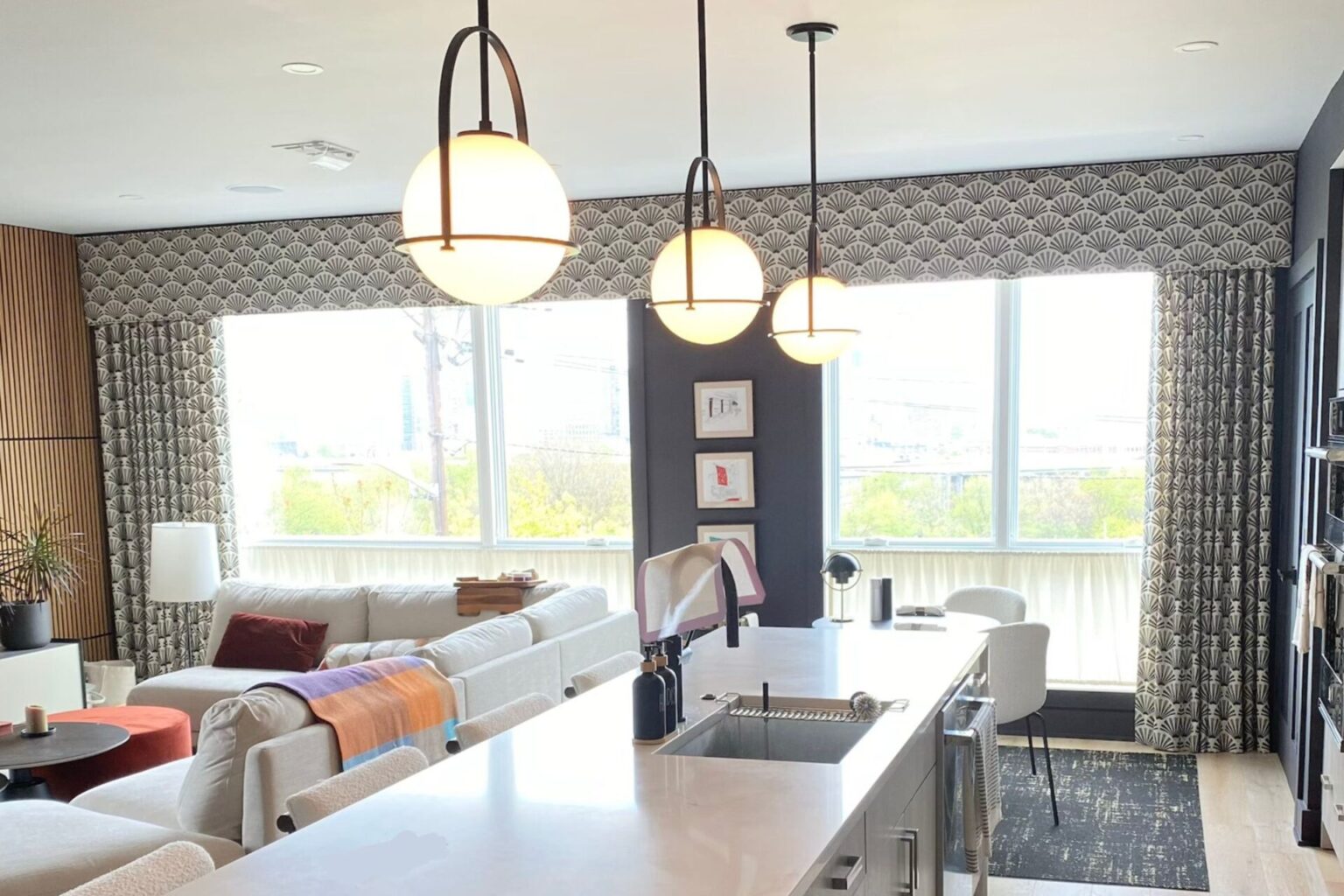Custom Drapes with seashell design, black on white, in Jersey City. Cornice valance with same fabric.
