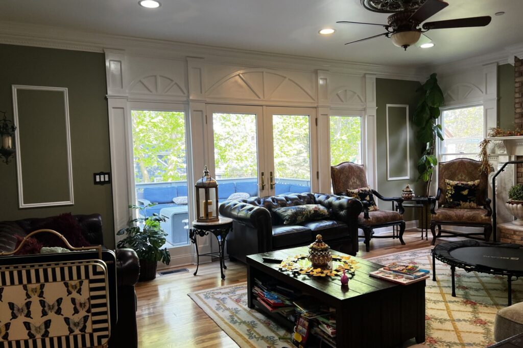 Custom white sheers and gold drapes with trim Scarsdale, NY Before the installation